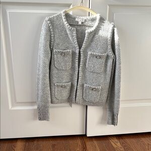 Gray Knit Cardigan with Rhinestone Button Details